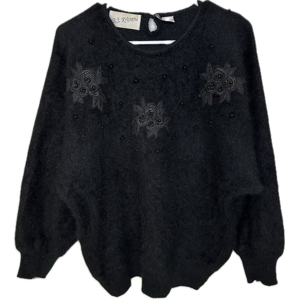 Vintage B.J. Kristen Angora Rabbit Sweater Embellished Beaded Black Size Medium - Picture 1 of 7